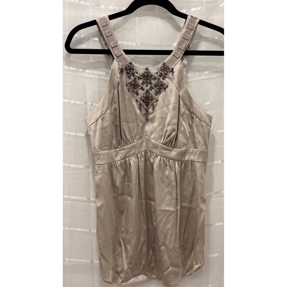 Rebecca Taylor‎ Silk Beaded Embellished Satin Tank Top Champagne Taupe Size 6